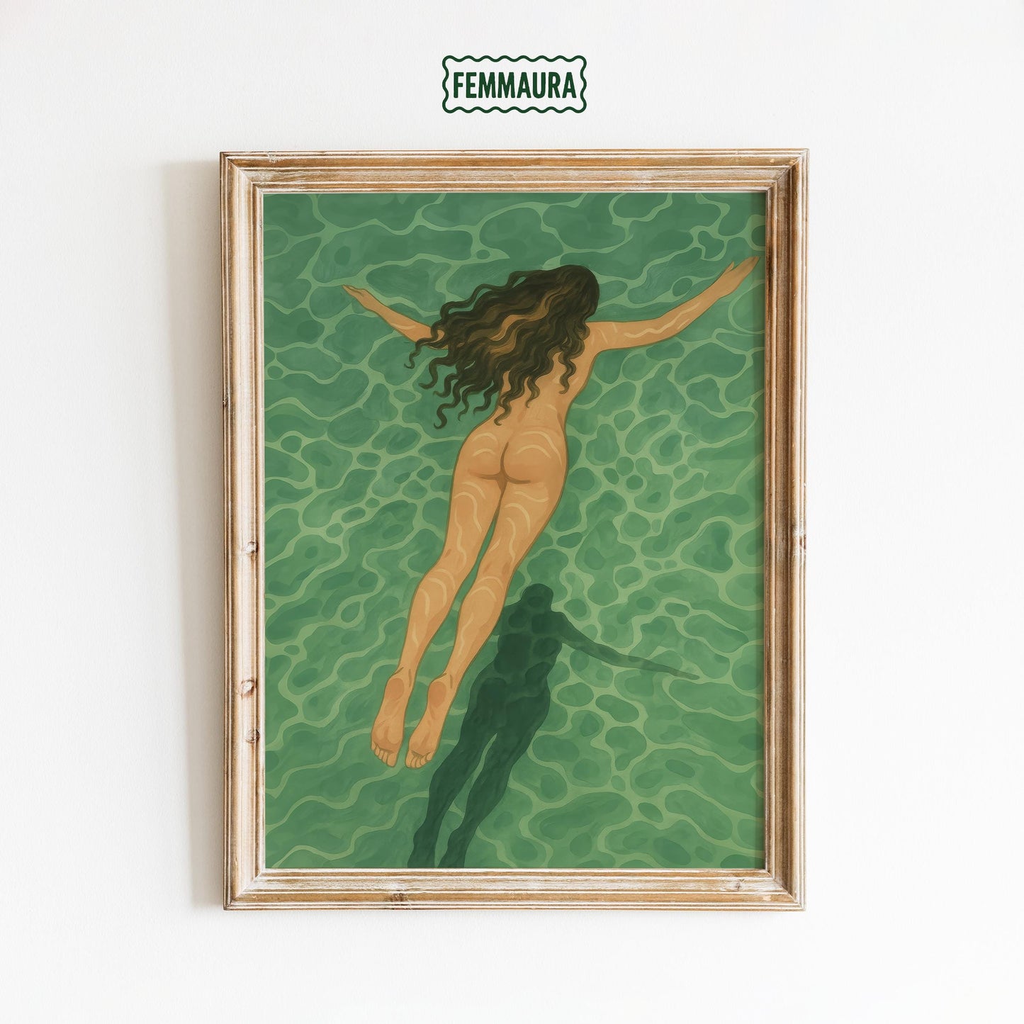 Minimalist Coastal Wall Art Featuring Nude Swimming Art Print – Serene Green Palette