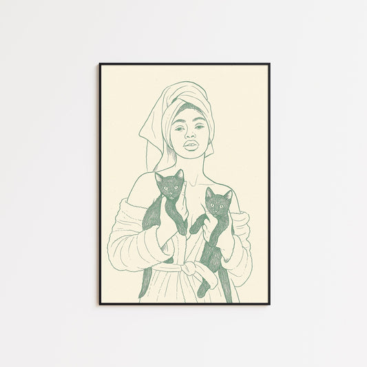 Woman with Black Cats Poster – Minimal Line Art Print, Femmaura Bold Series