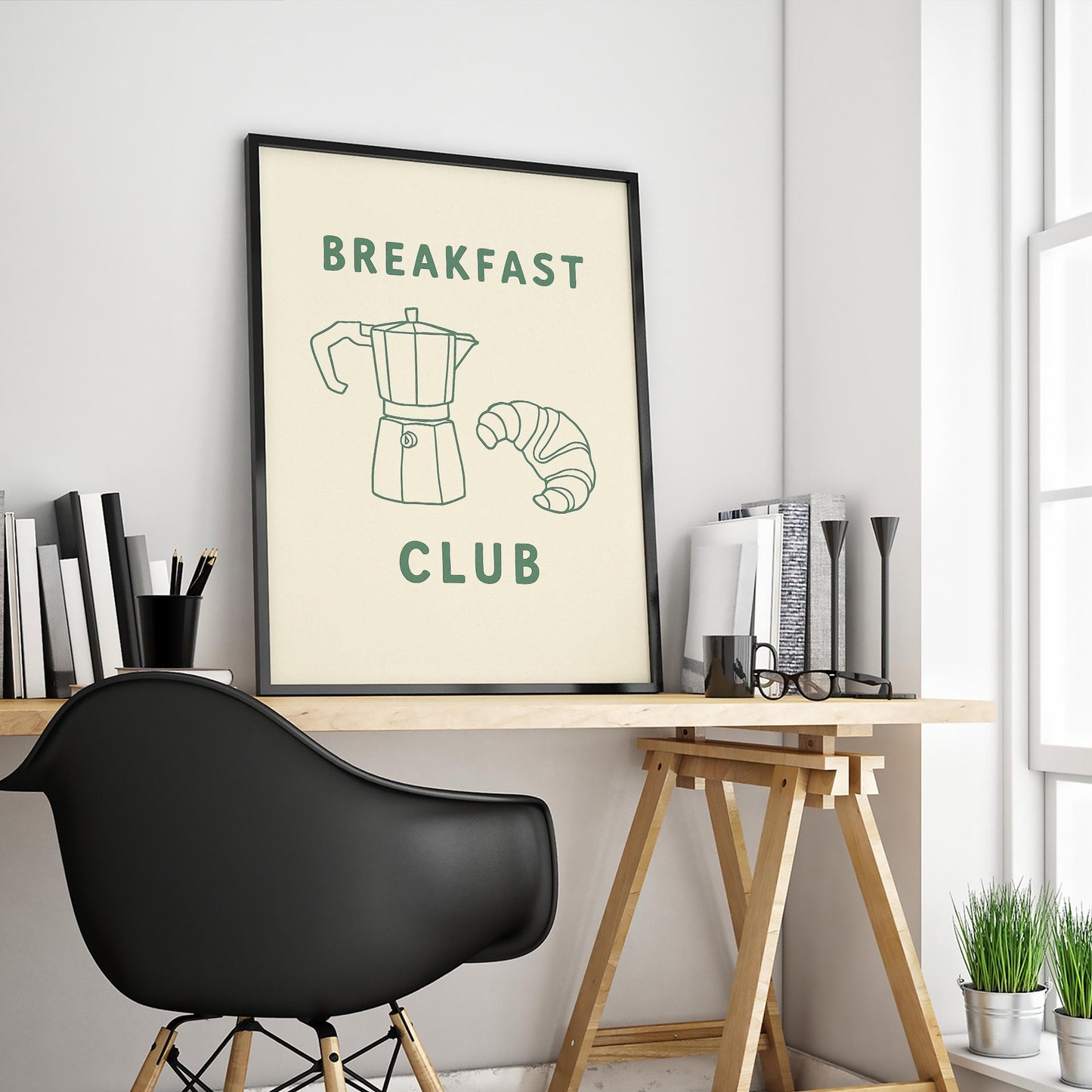Breakfast Club Poster – Minimalist Kitchen Wall Art, Coffee and Croissant Print