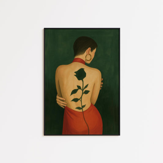 Rose Back Tattoo – Red Dress Art | Femme Fatale Moody Wall Print