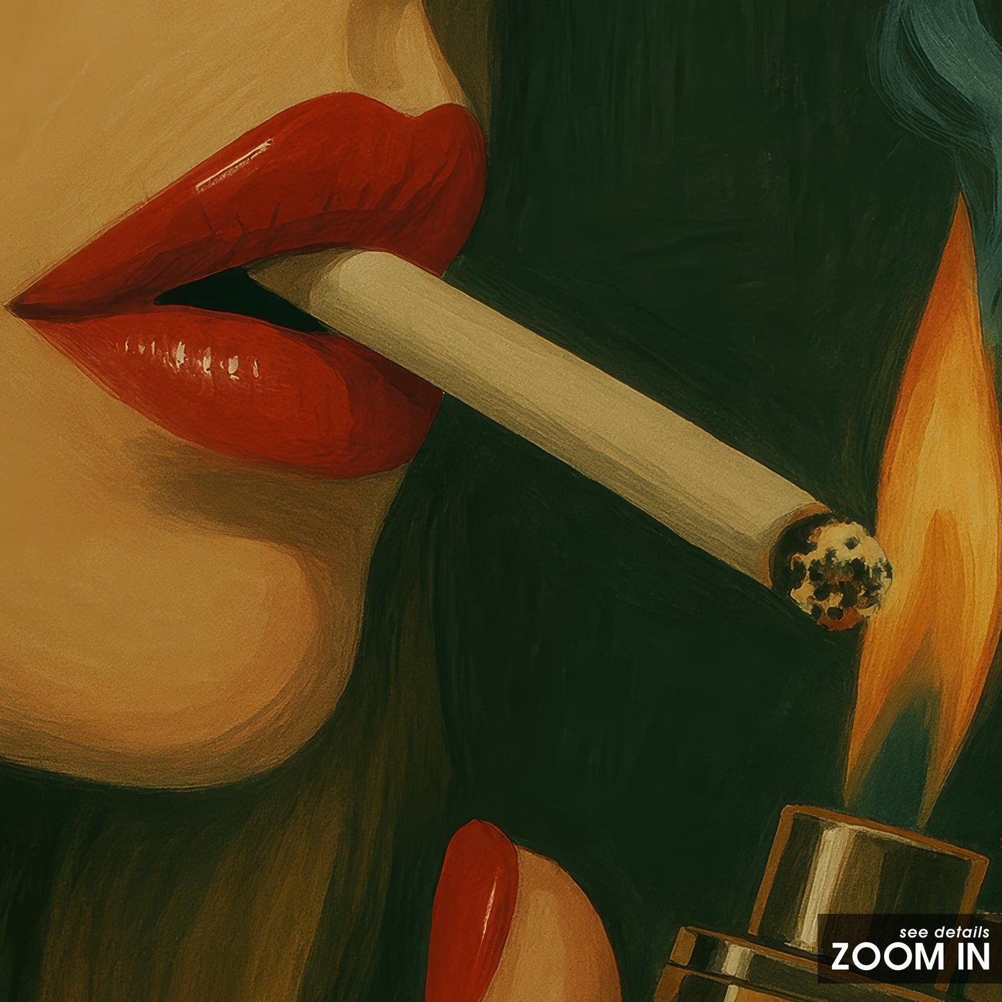 Feminine Smoking Art Print – Retro Glam Poster With Bold Lipstick & Leopard Lighter