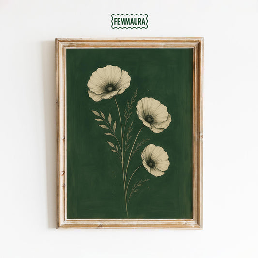 Minimalist Poppy Bouquet Vintage Botanical Art – Calming Floral Wall Decor Print