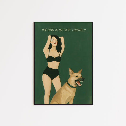 Dog Art Print – Bold Retro Woman & Protective Dog Illustration | Green Wall Decor