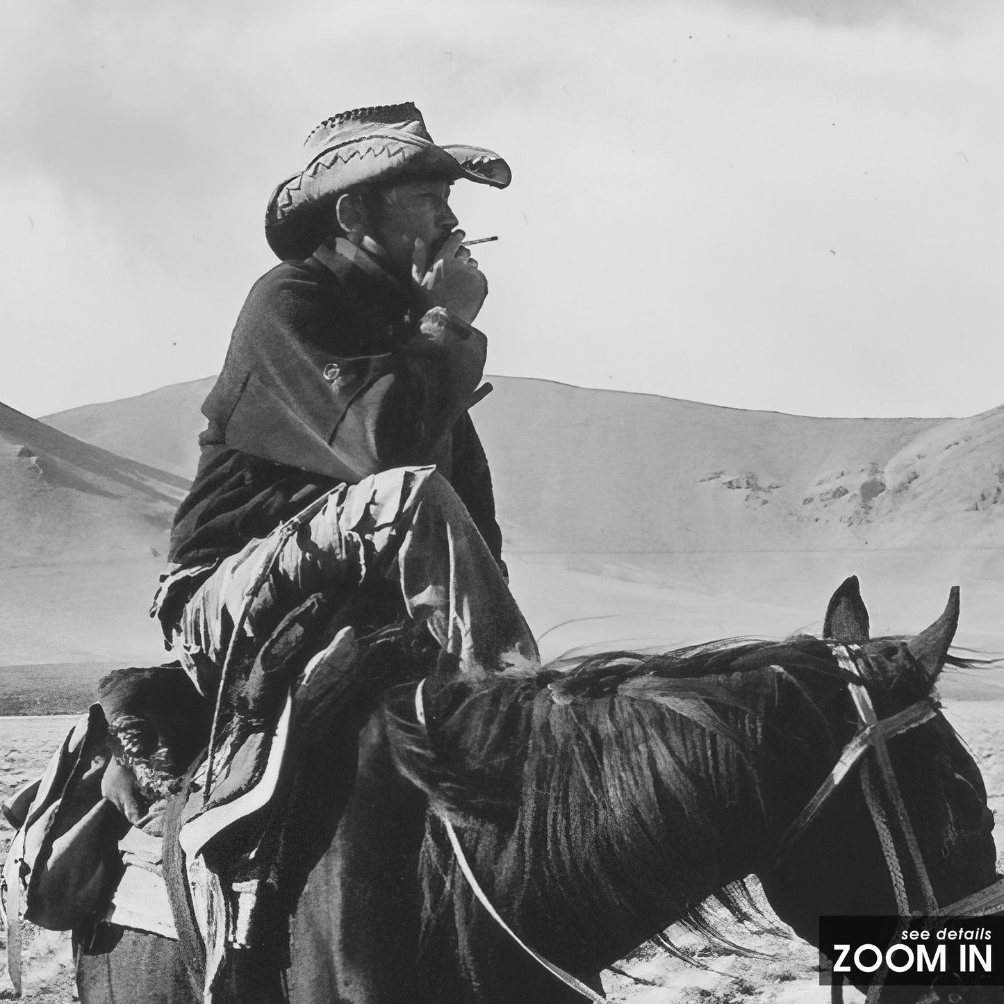 Solitary Cowboy on Horseback – Black and White Western Landscape Poster