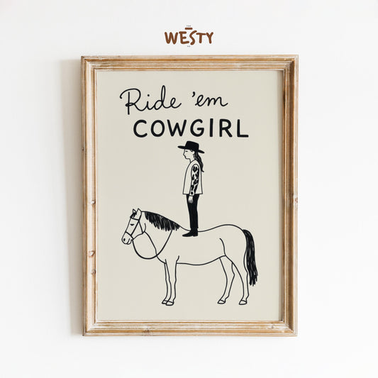 Ride ’em Cowgirl Funny Minimal Poster – Western Line Art Print