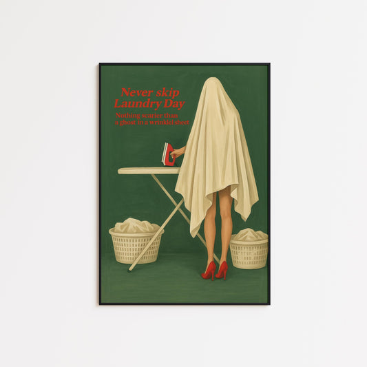 Laundry Day Poster – Quirky Retro Humor Print With Ghost In Sheet Art