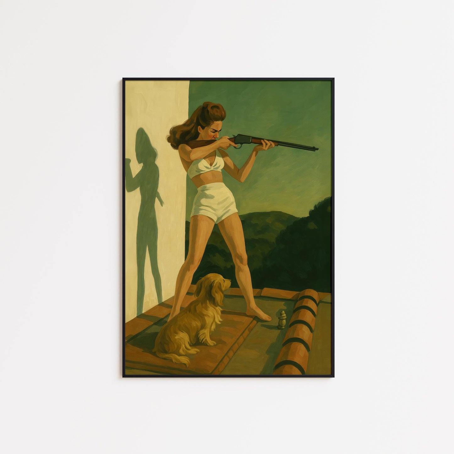 Retro Woman Rifle Poster – Feminine Power Art | Green Tone Wall Art