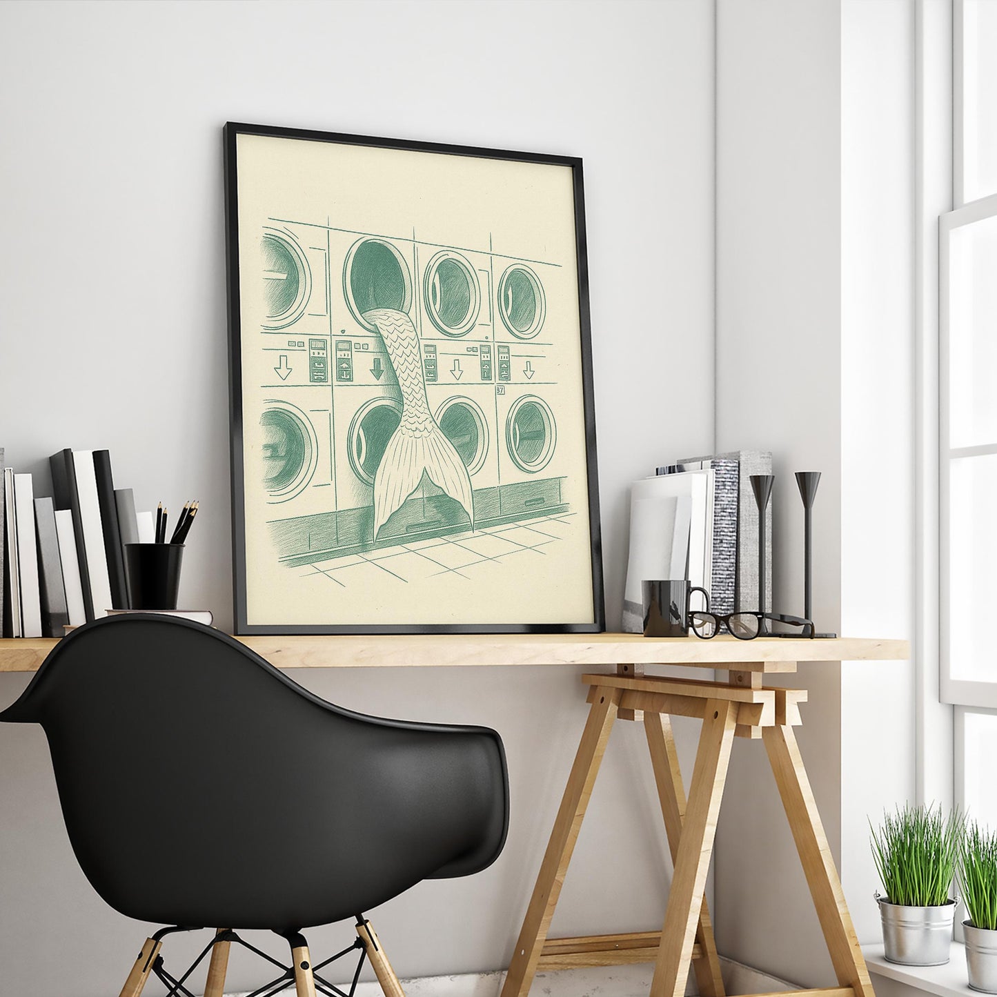 Mermaid Laundry Poster – Surreal Minimal Line Art Print, Femmaura Bold Series