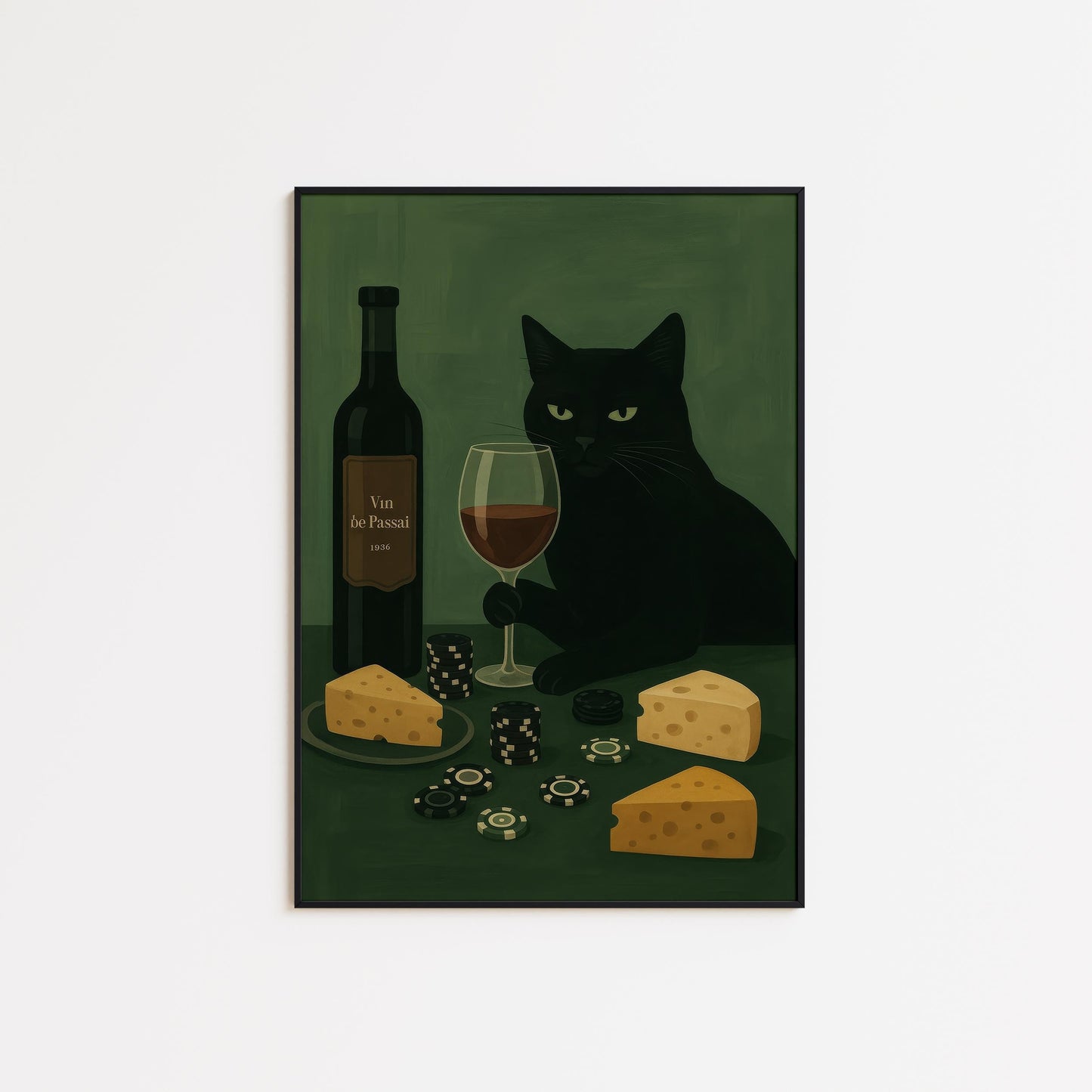 Black Cat Wall Art – Playful Wine and Cheese Decor | Cozy Bar Poster