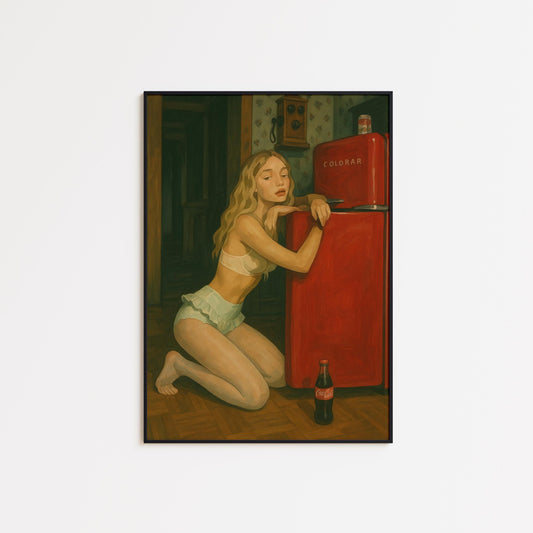 Vintage Fridge Poster – Retro Kitchen Art With Bold Red Accent & Feminine Wall Decor
