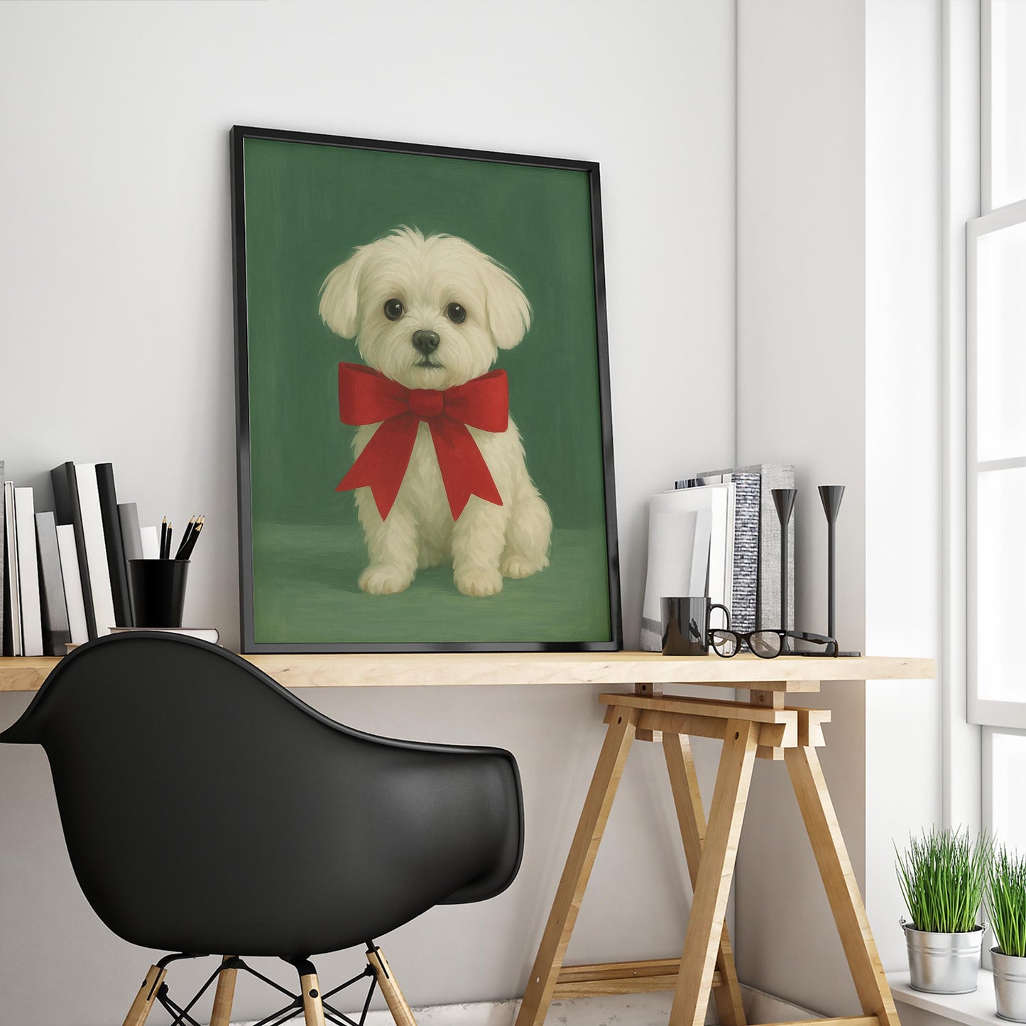 Christmas Puppy Poster – Cute Holiday Dog Art with Red Bow and Cozy Decor