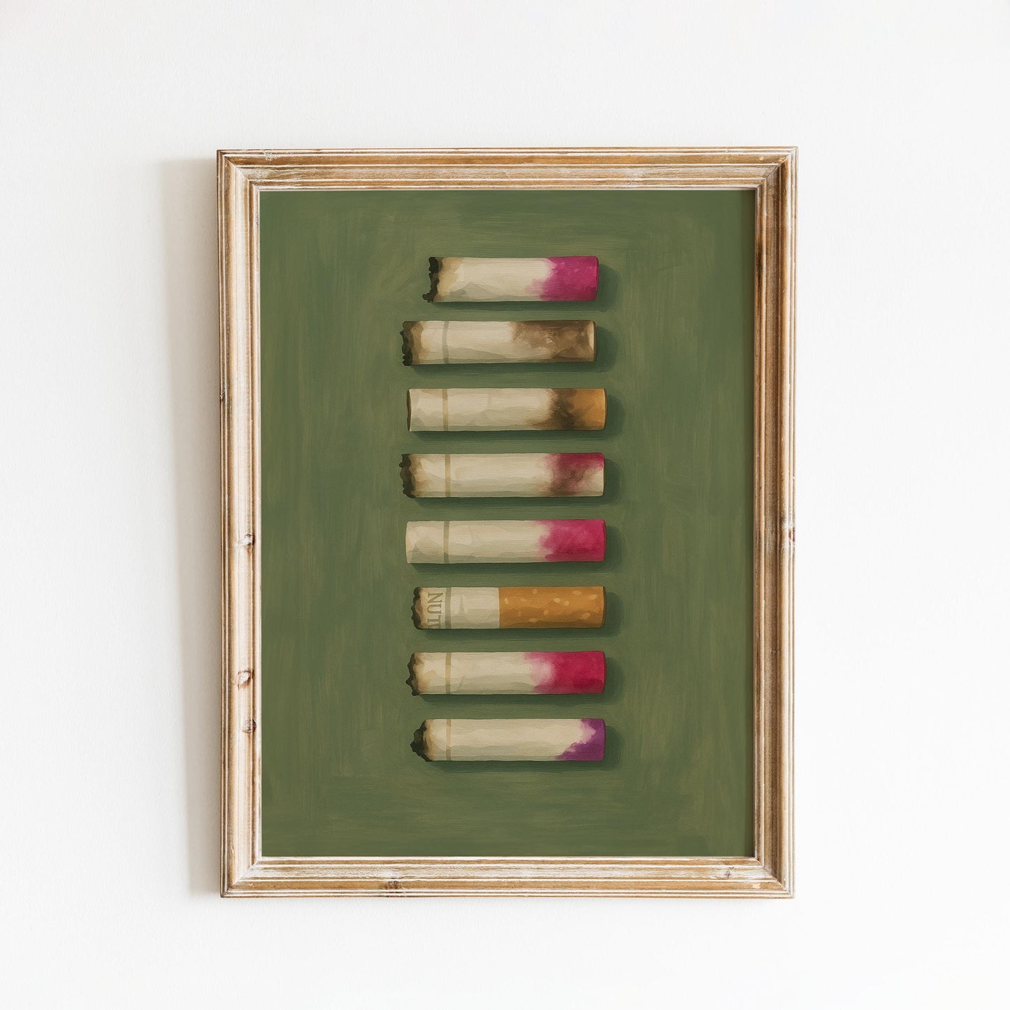 Lipstick Cigarette Butts Poster – Gritty Feminine Wall Art in Moody Green