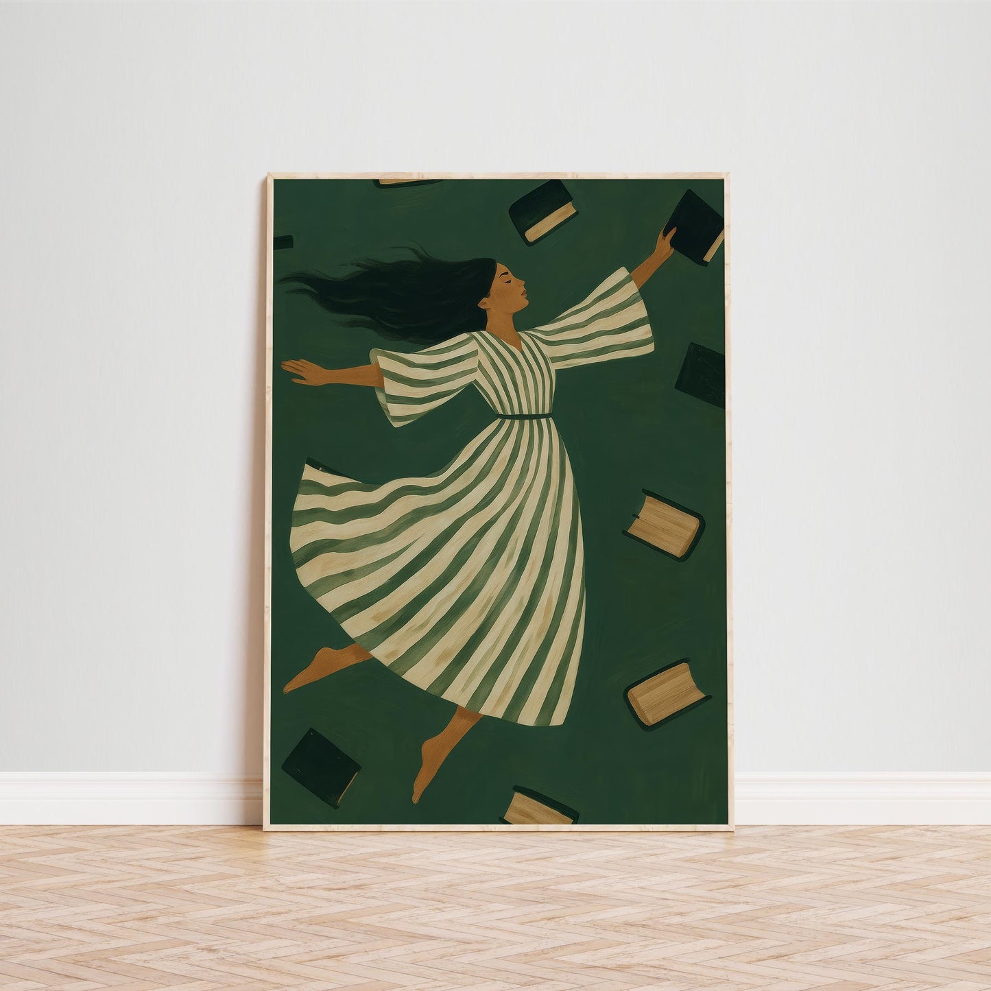 Feminine Dark Green Poster – Floating Books Print With Muted Green Tones & Dreamy Woman Art