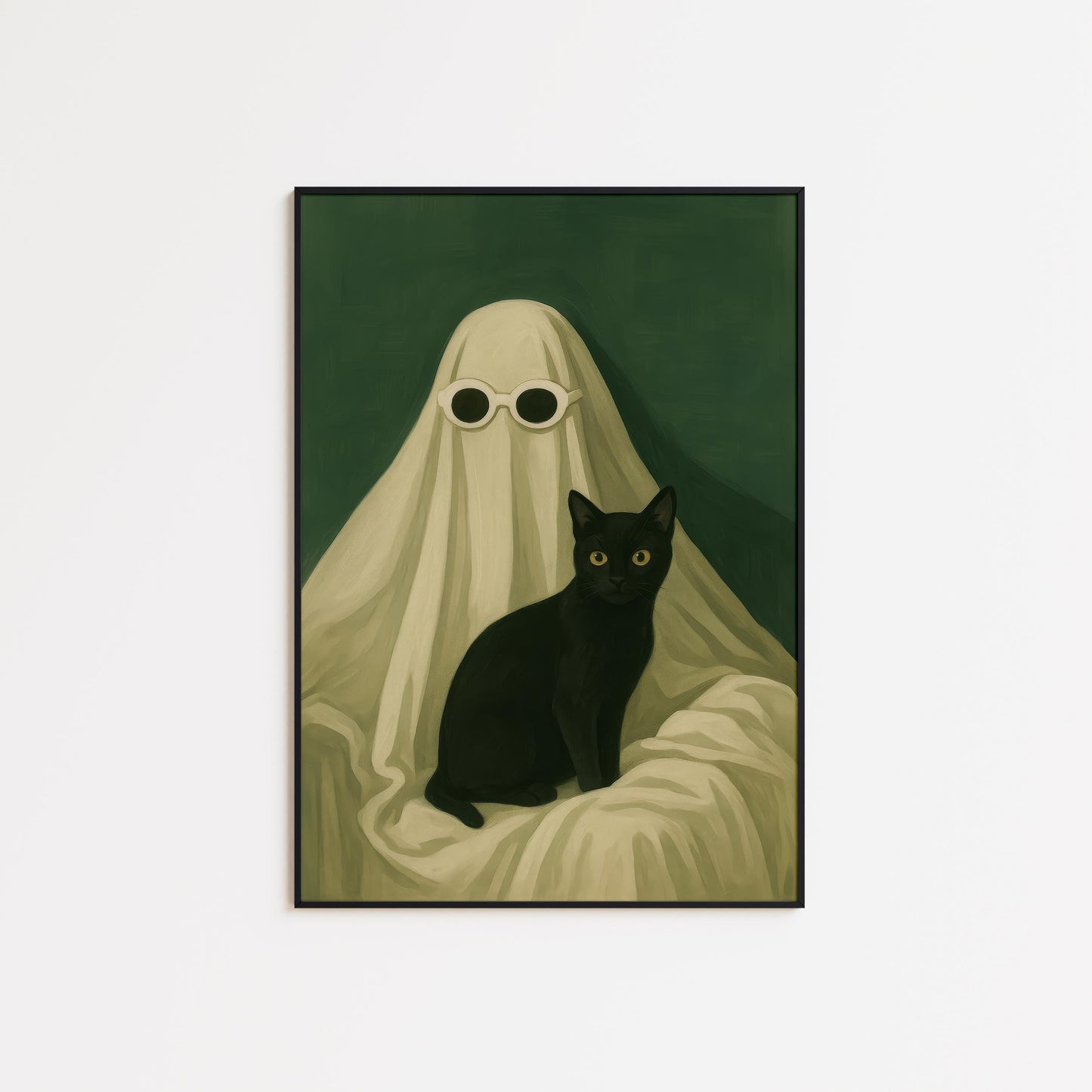 Black Cat Wall Art – Spooky Gothic Home Print With Quirky Ghost Design