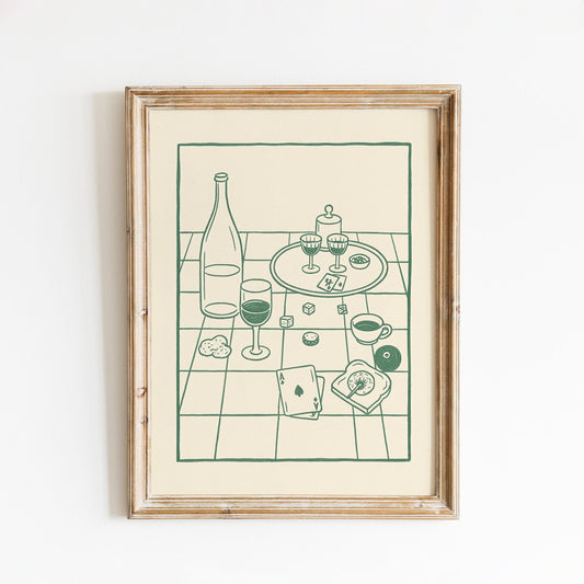 Wine and Cards Poster – Vintage Kitchen Wall Art, Cozy Dining Still Life Print