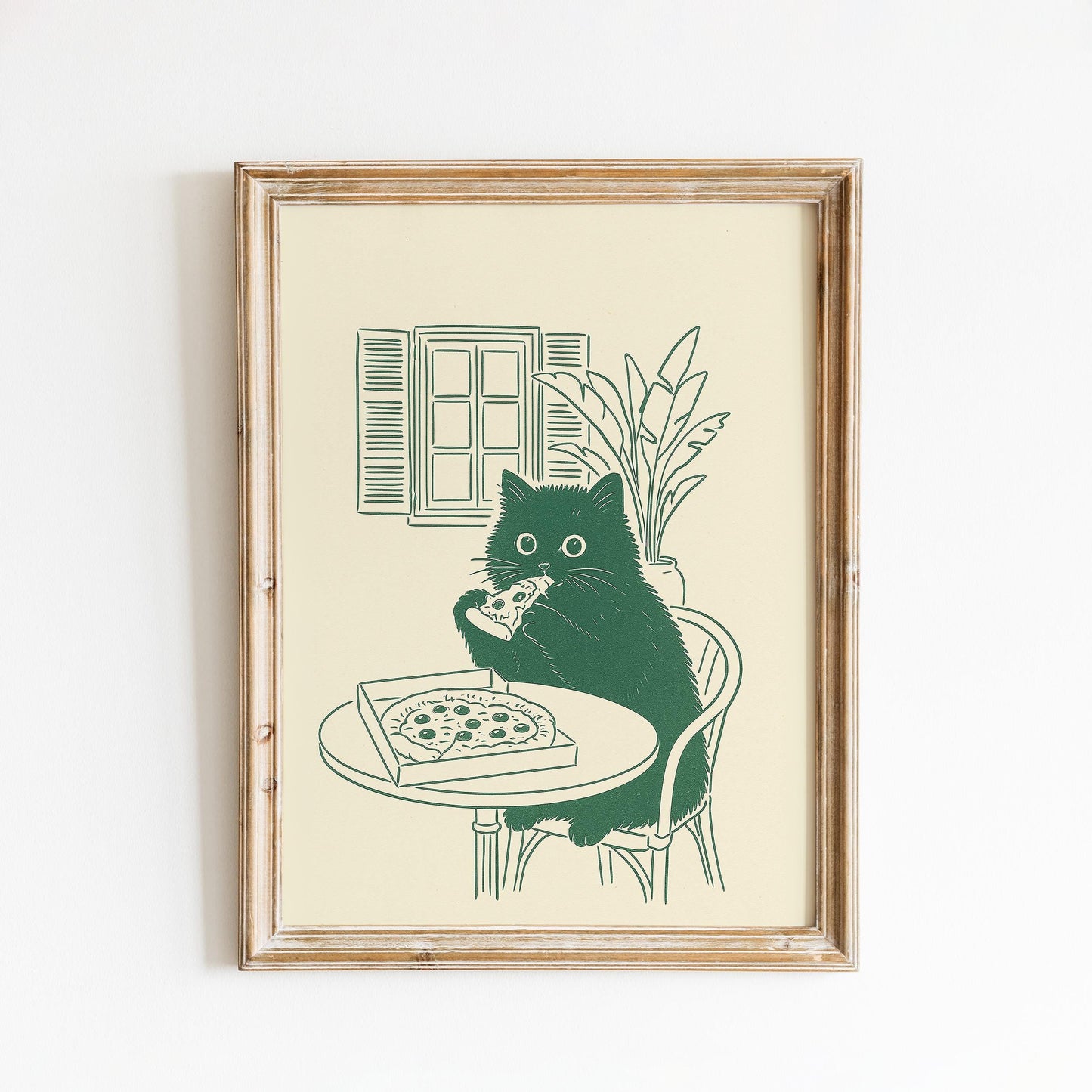 Cat Eating Pizza Poster – Funny Minimal Kitchen Wall Art