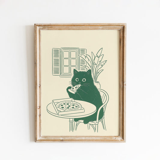 Cat Eating Pizza Poster – Funny Minimal Kitchen Wall Art