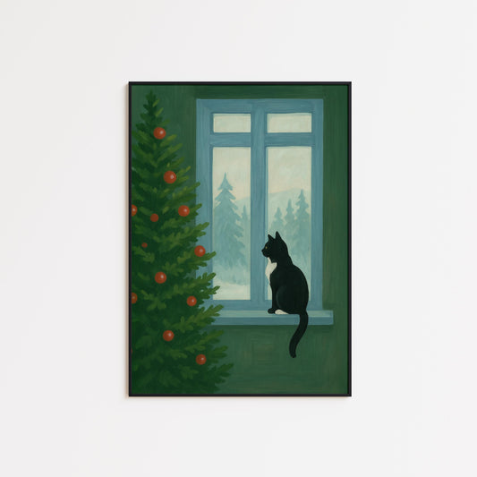 Christmas Cat Poster – Cozy Retro Holiday Art | Vintage Xmas Decoration Print