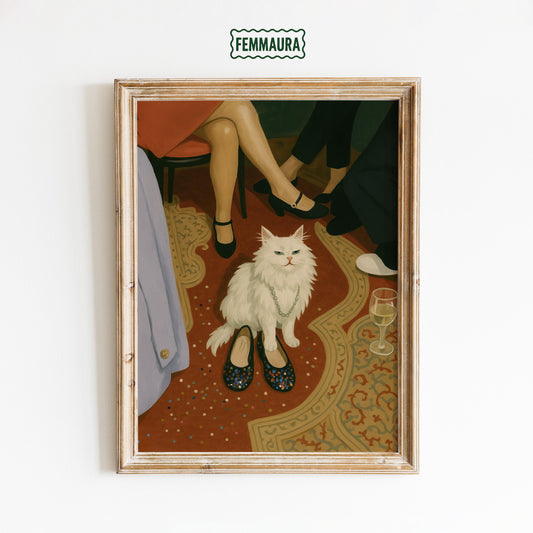 White Cat Poster – Elegant Vintage Cat Print | Chic Party Wall Art