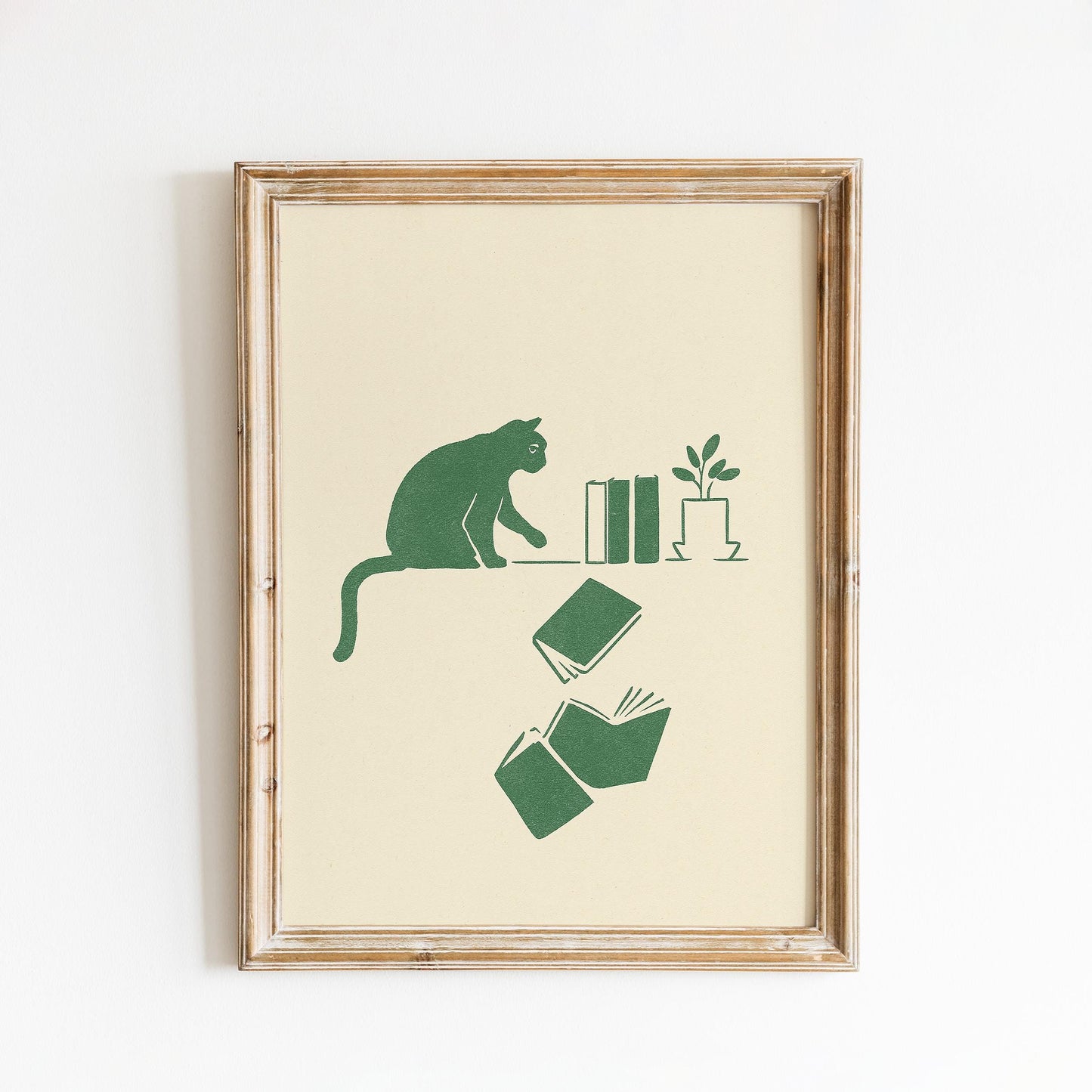 Curious Cat and Books – Minimal Line Art Poster, Cozy Literary Wall Print