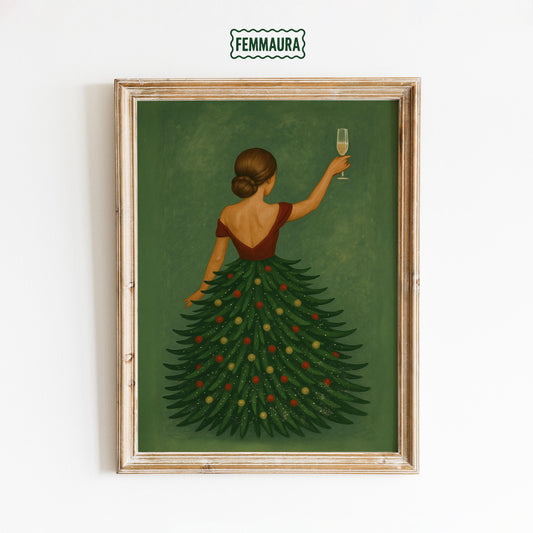 Christmas Tree Dress Poster – Elegant Holiday Wall Art With Festive Woman Print