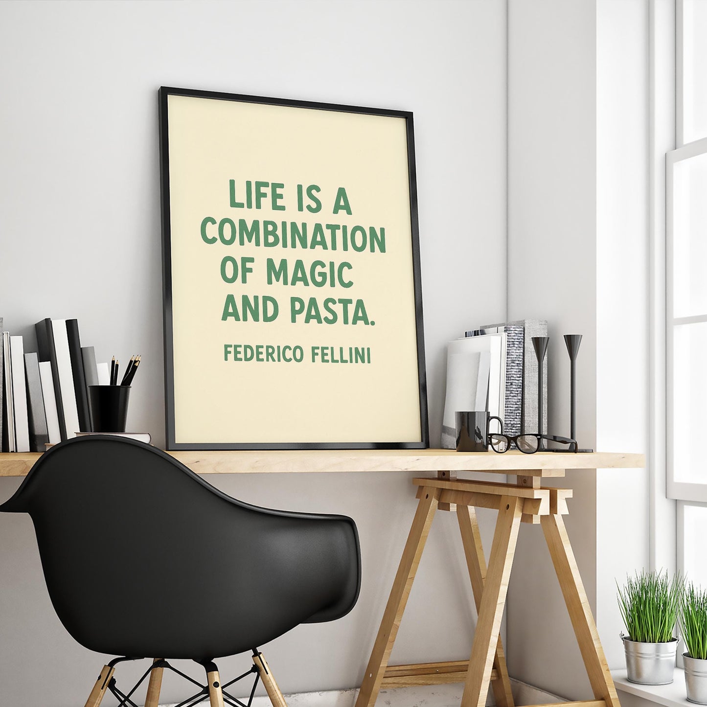 Life Is a Combination of Magic and Pasta Poster – Minimalist Kitchen Quote Print