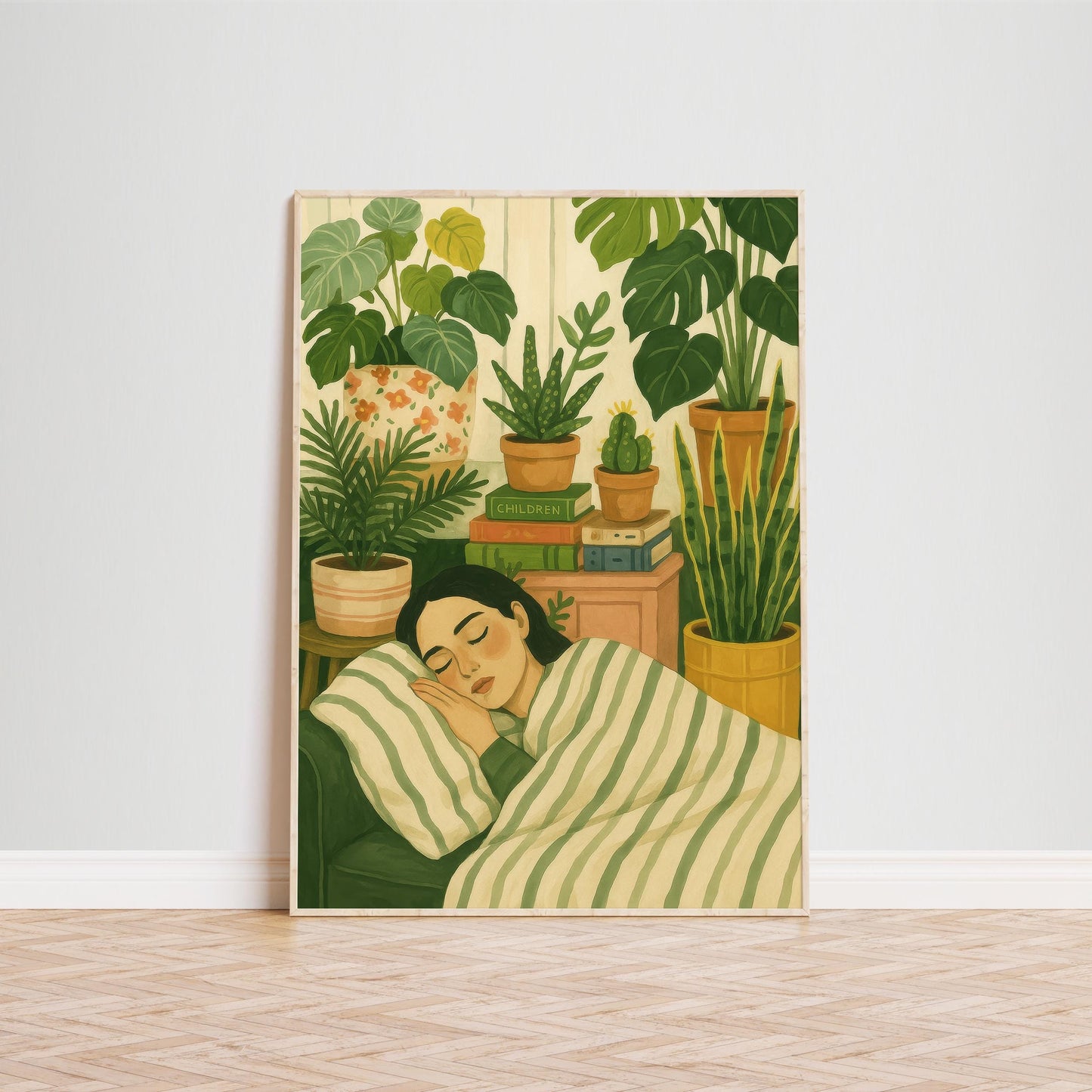 Botanical Bedroom Art – Cozy Green Wall Decor With Sleeping Girl Illustration