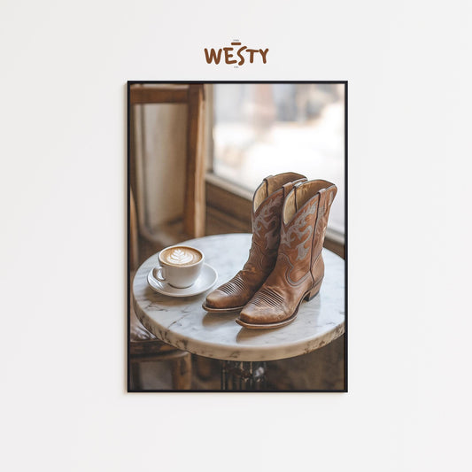 Cowboy Boots & Coffee Poster – Rustic Western Café Wall Art