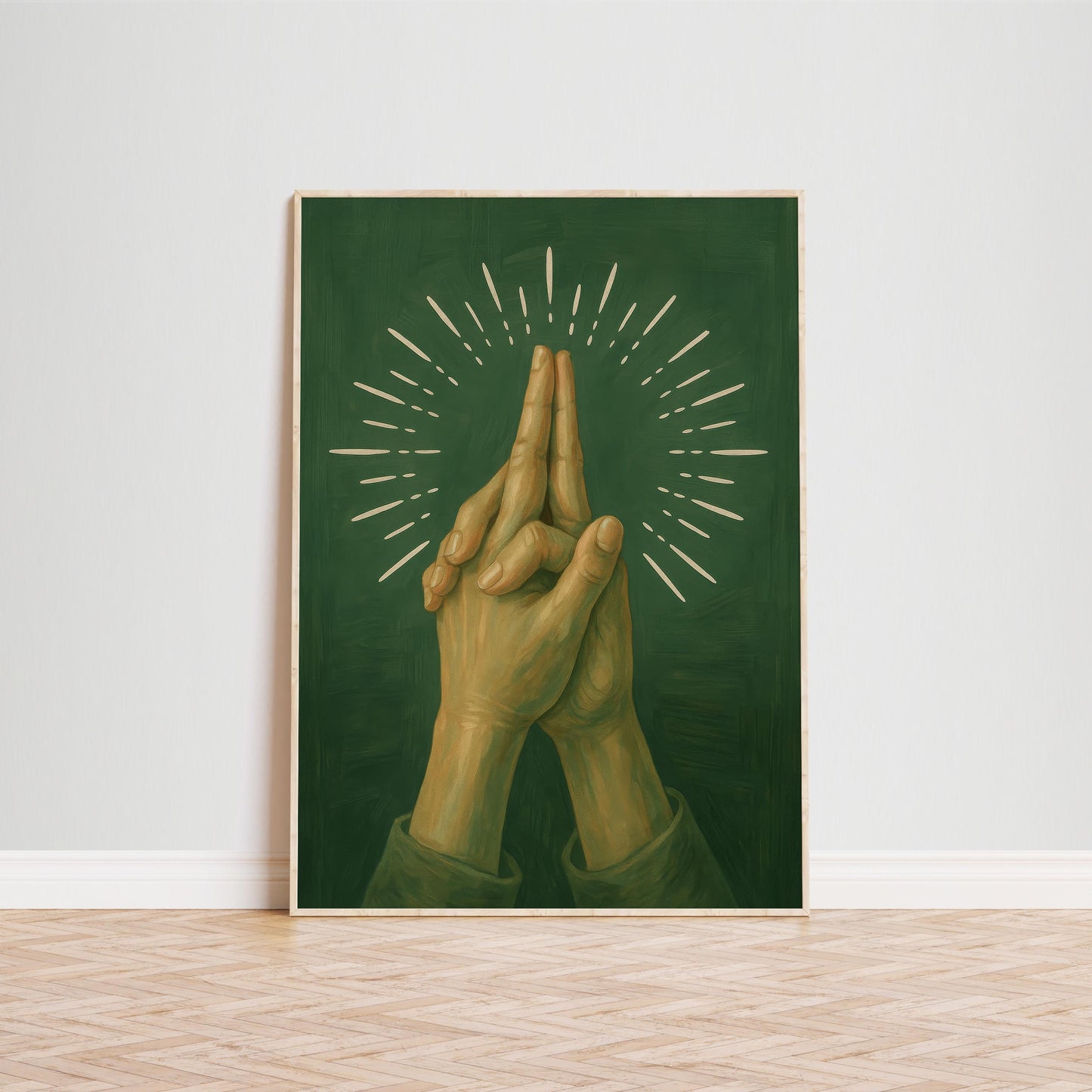 Surreal Prayer Art – Sensual Layered Praying Hands Print | Golden Beams