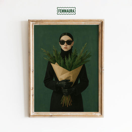 Dark Chic Holiday Poster – Minimalist Holiday Art With Greenery Bouquet Wall Art