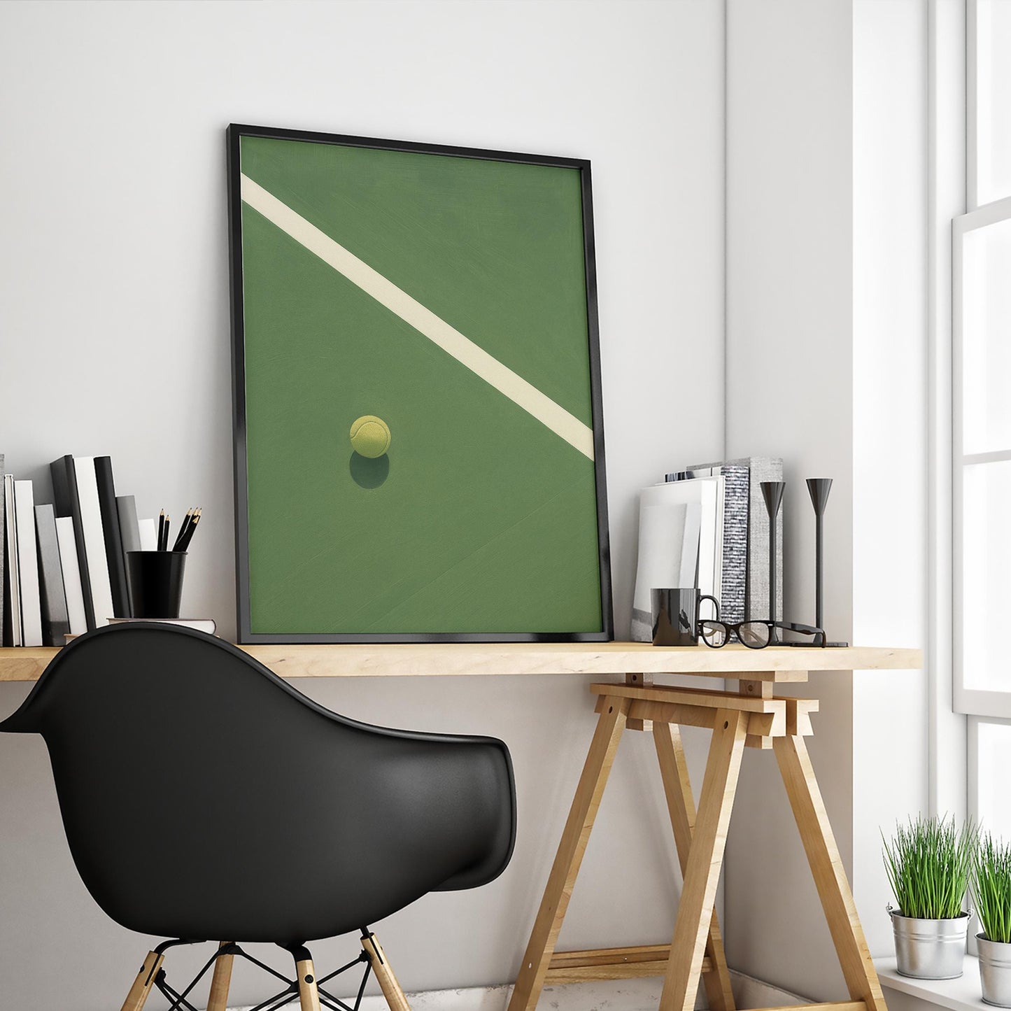 Tennis Court Poster – Minimalist Sports Art Print | Green Gouache Style Wall Decor