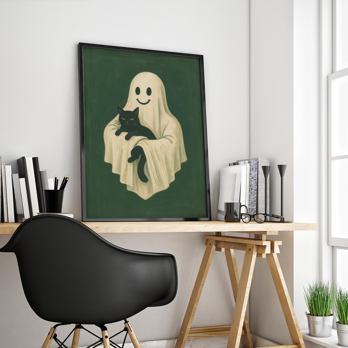 Ghost Cat Poster – Cute Black Cat Decor | Spooky Aesthetic Halloween Wall Art
