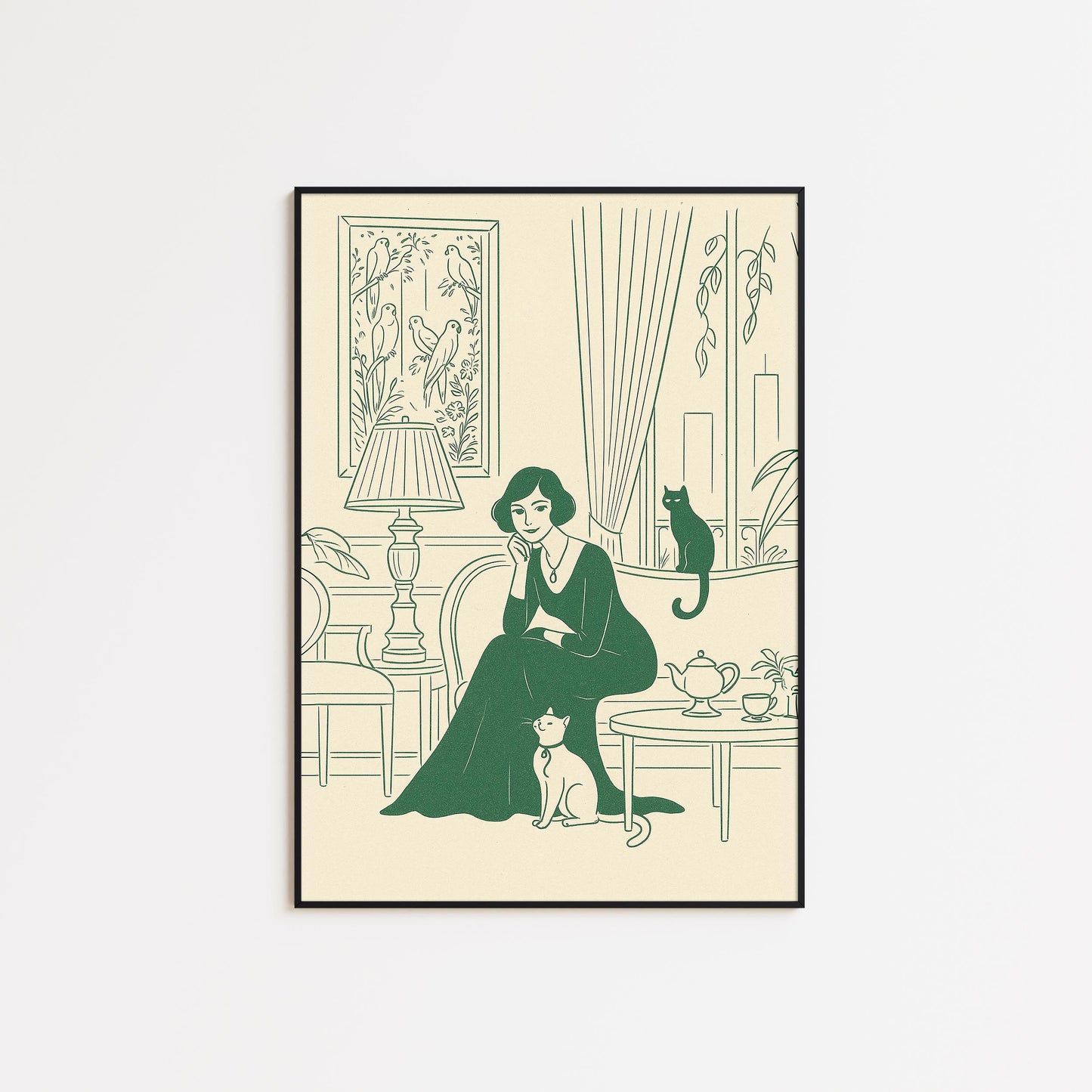 Afternoon Tea – Elegant Woman with Cats Line Art Poster, Vintage Minimal Illustration