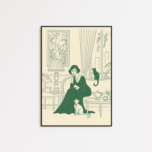 Afternoon Tea – Elegant Woman with Cats Line Art Poster, Vintage Minimal Illustration