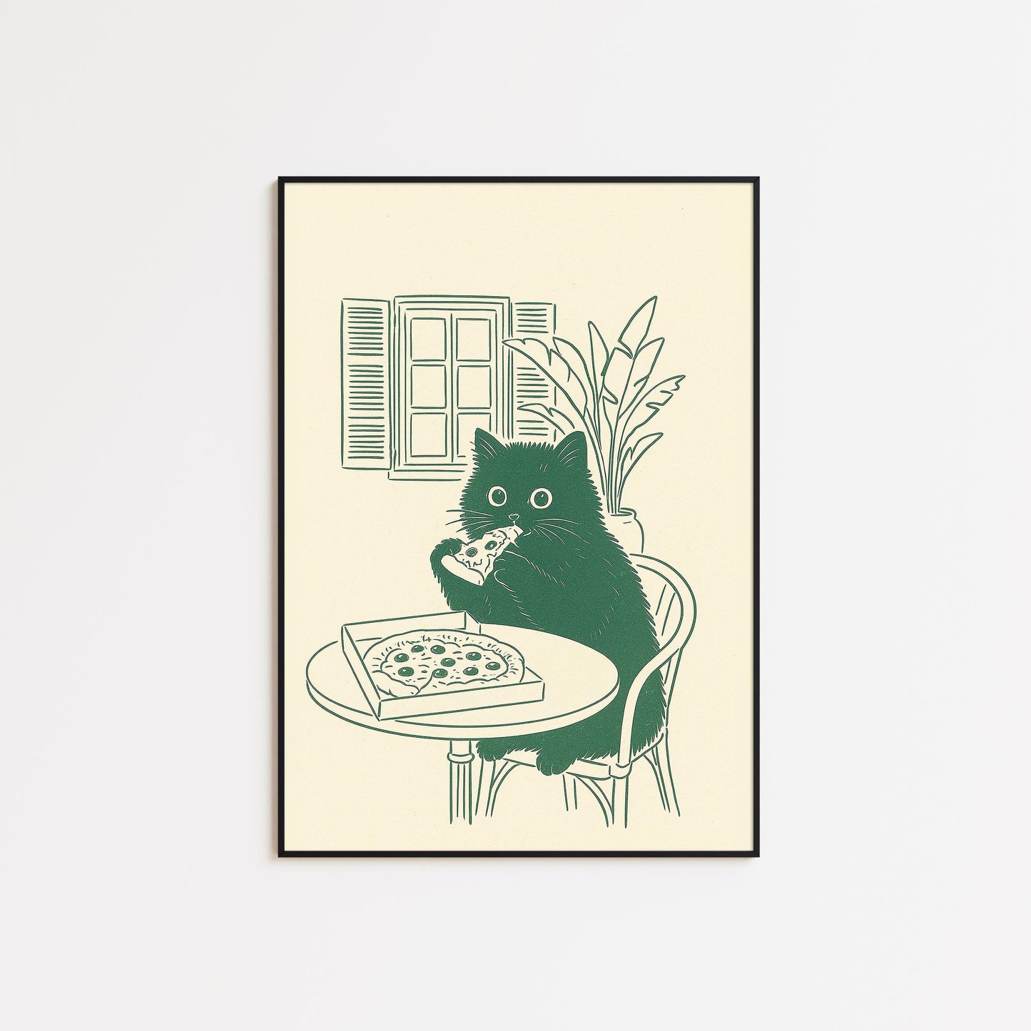 Cat Eating Pizza Poster – Funny Minimal Kitchen Wall Art