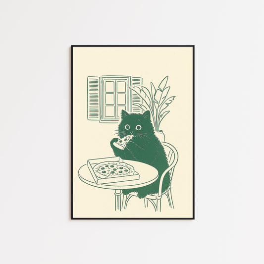 Cat Eating Pizza Poster – Funny Minimal Kitchen Wall Art