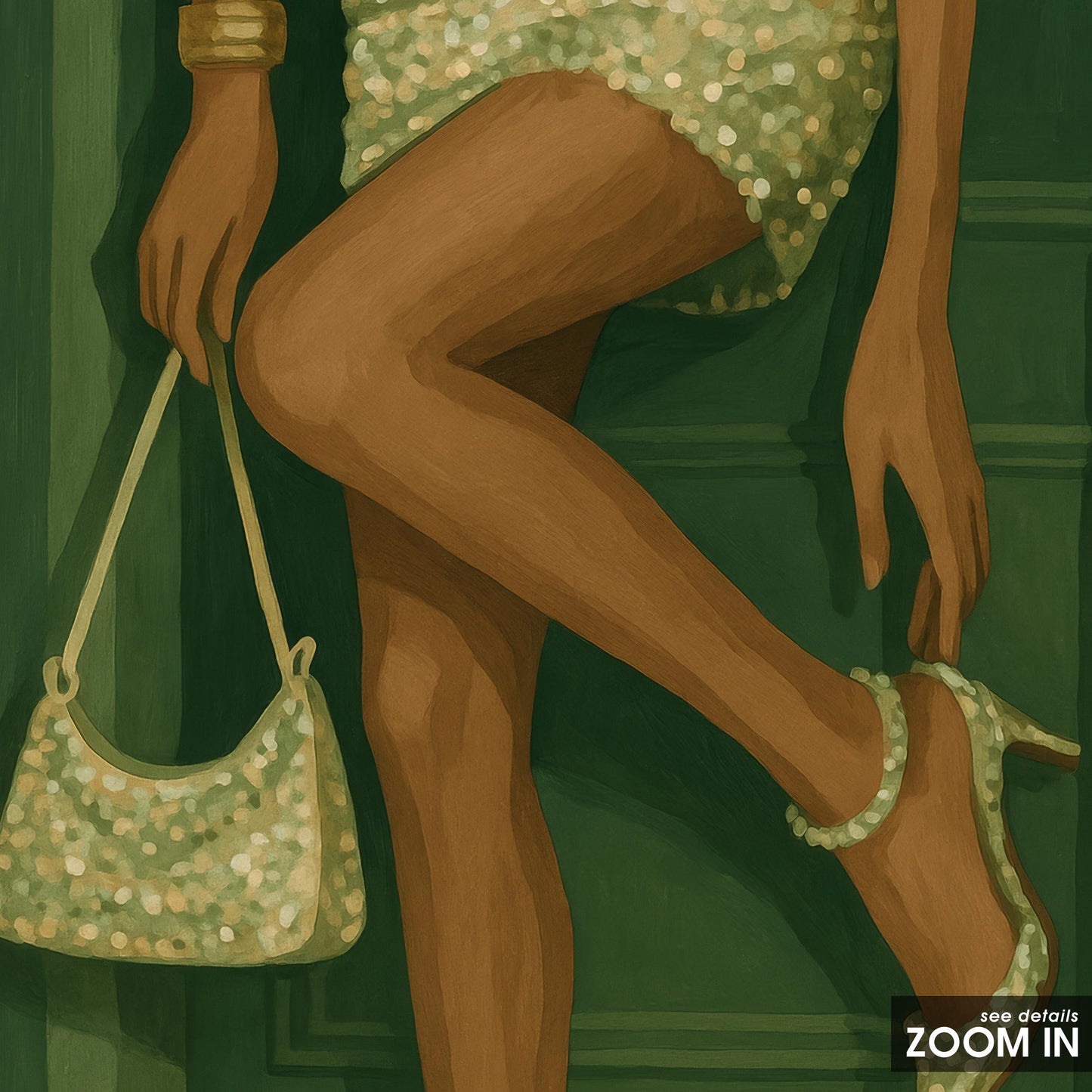 Feminine Wall Art – Glam Legs Artwork in Green Tone Poster with Pearl Dress Print