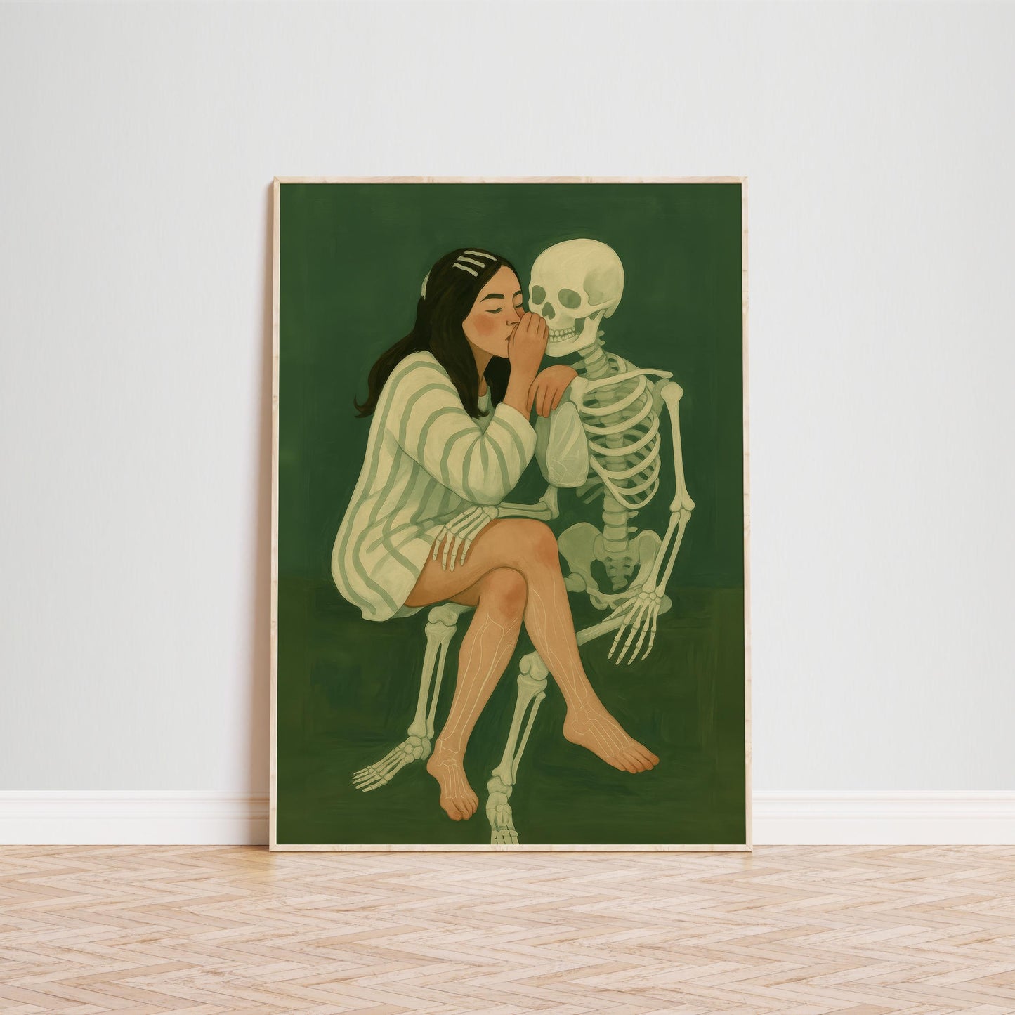 Dark Surreal Wall Art – Gothic Love Skeleton Print With Deep Green Moody Decor