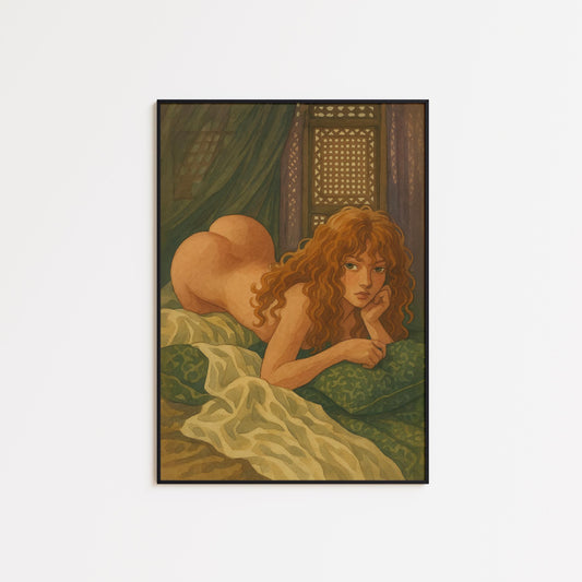 Sensual Vintage Art Print – Red Hair Painting on Emerald Fabric, Feminine Bedroom Poster