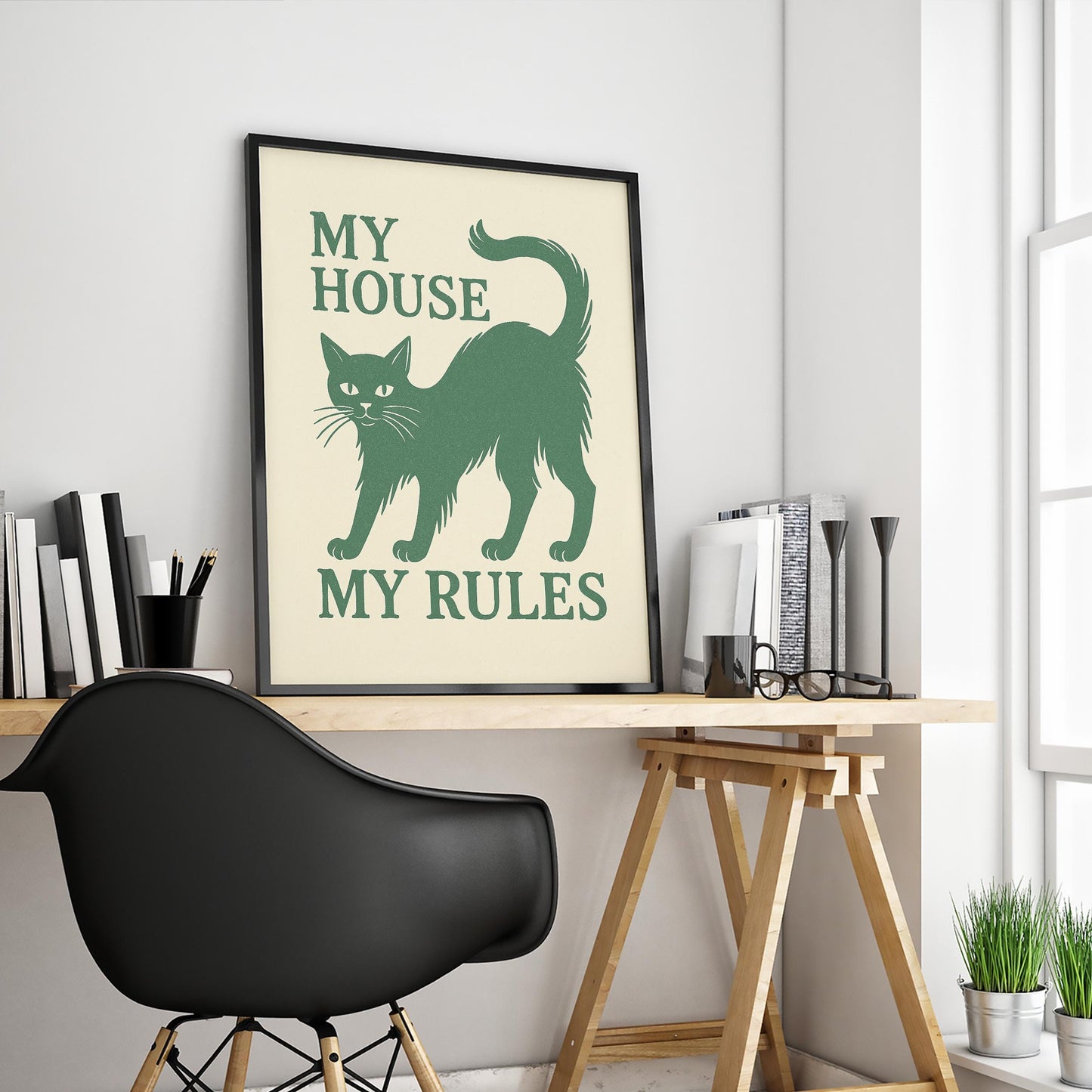 Funny Cat Poster – Retro Home Decor With Bold Typography & Green Line Print