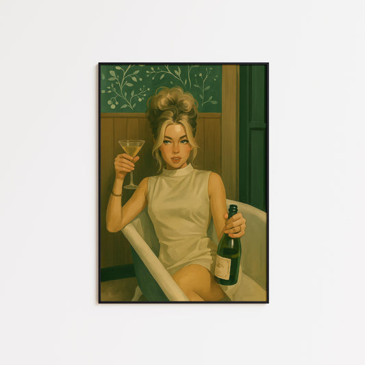 Vintage Glamour Art Print – Golden Hour Martini Olive Green Wall Art
