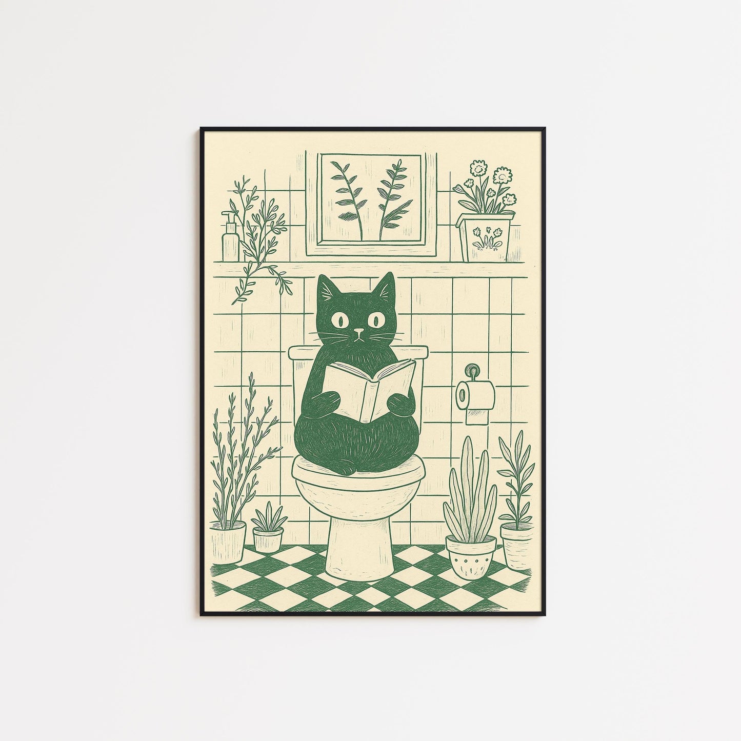 Bathroom Cat – Funny Minimal Line Art Poster, Cozy Bathroom Wall Decor
