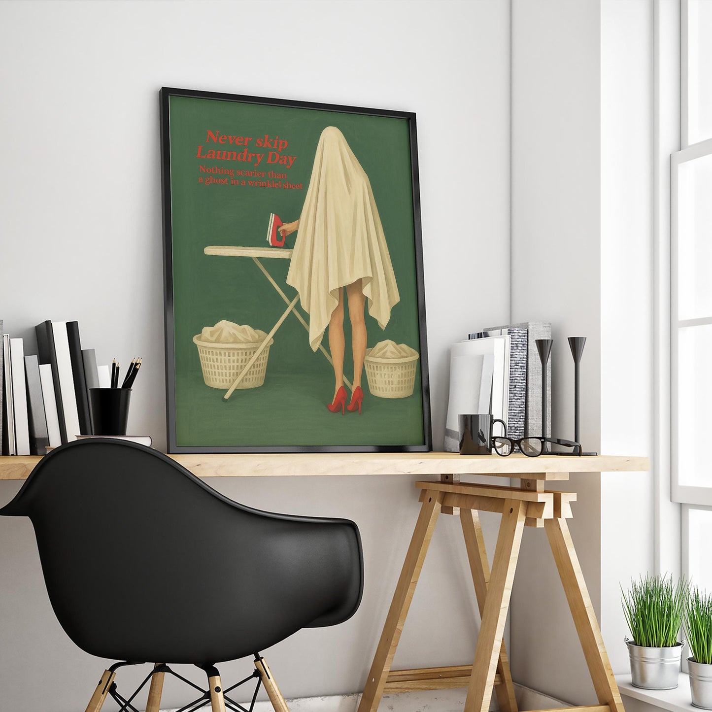 Laundry Day Poster – Quirky Retro Humor Print With Ghost In Sheet Art