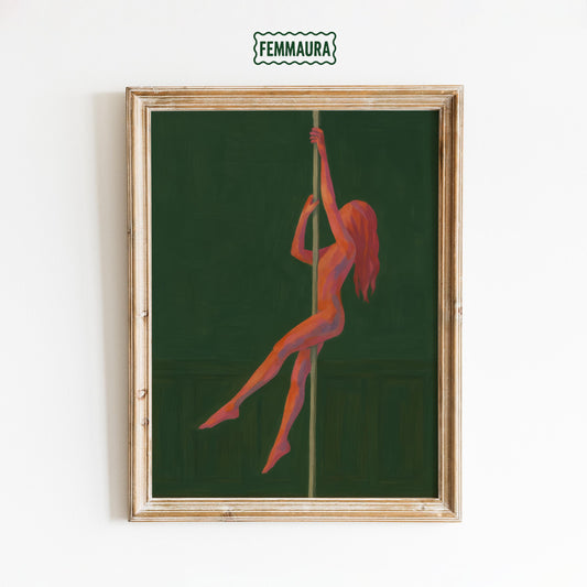Pole Dancer Art Print – Minimalist Retro Nude Illustration | Bold Green Wall Decor