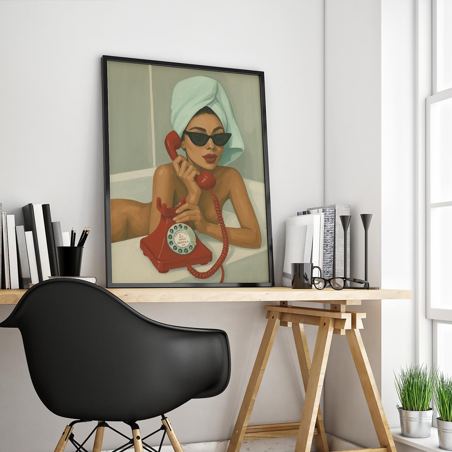 Retro Phone Art Print – Glamorous Woman with Red Rotary Phone Wall Decor