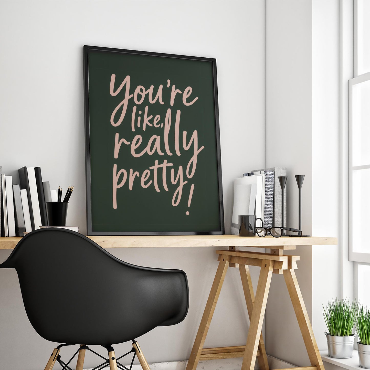 Feminine Wall Art Print – Dark Green Poster With Pretty Quote And Pink Text