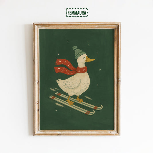 Skiing Duck Poster – Retro Winter Art | Festive Holiday Wall Decor Print