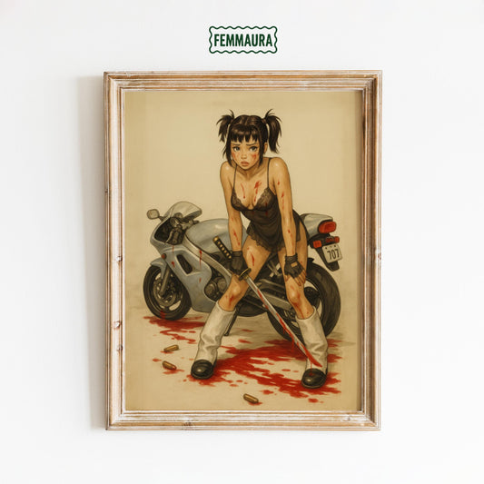 Femme Fatale Anime Poster – Fierce Motorcycle Femme Art With Bloody Katana Scene