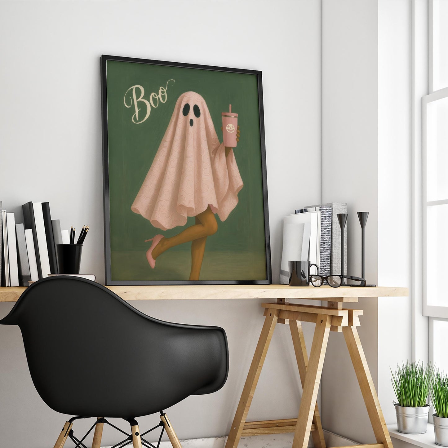 Pink Ghost Wall Art – Whimsical Halloween Decor, Cute Spooky Poster Print