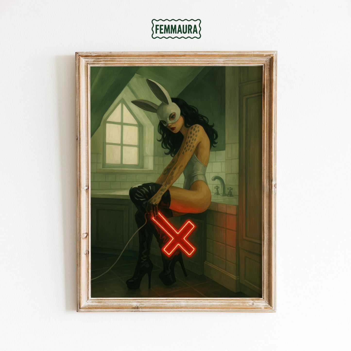 Bunny Mask Art Print – Neon Cross Retro Woman Poster | Edgy Alternative Wall Decor